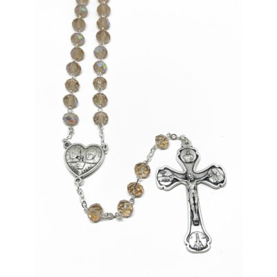 and 1 5/8 x 1 inch Crucifix Silver Finish St St Gift Boxed Deborah Center Deborah Rosary with 6mm Topaz Color Fire Polished Beads 